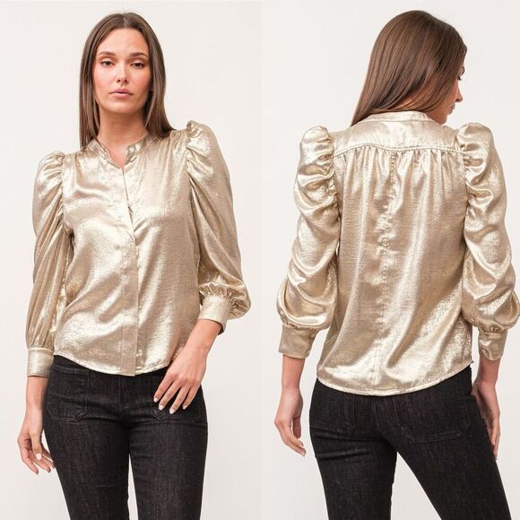 Dear John Gold Metallic Rowan Hidden Placket 3/4 Sleeve Top Medium - Picture 1 of 7
